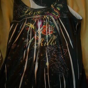 Gives off Ed Hardy,  Black and Multicolor Graphic Top